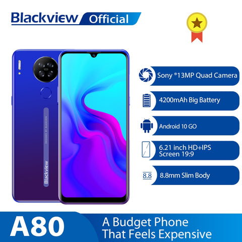Image of Blackview A80 Android 10.0 Go Quad Rear 13MP Camera Mobile Phone 6.21 Waterdrop Screen 2GB+16GB Cellphone 4200mAh 4G Smartphone