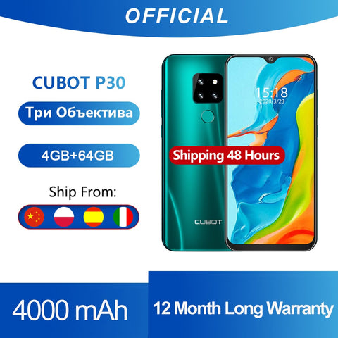 Image of Cubot P30 Smartphone 6.3" Waterdrop Screen 2340x1080p 4GB+64GB Android 9.0 Pie Helio P23 AI Rear Triple Cameras Face ID 4000mAh