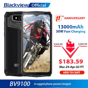 Blackview BV9100 IP68 Waterproof Cellphone 13000mAH 30W fast charging 4G Mobile Phone MTK6765 4GB+64GB 16.0MP Rugged Smartphone