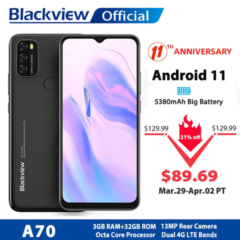 Image of Blackview A70 Android 11 Smartphone 6.517 Inch Display Octa Core 3GB RAM+32GB ROM 5380mAh 13MP Rear Camera 4G Mobile Phone