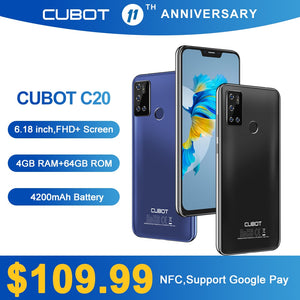Cubot C20 Smartphone NFC 12MP Quad AI Camera 4GB+64GB Mobile Phones 4G LTE Celular 6.18 Inch FHD+ 4200mAh Android 10 Cell Phone - ExpoMegaStore
