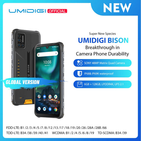 Image of UMIDIGI BISON IP68/IP69K Waterproof Rugged Phone 48MP Matrix Quad Camera 6.3" FHD+ Display 6GB+128GB NFC Android 10 Smartphone