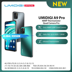UMIDIGI A9 Pro SmartPhone Unlocked 32/48MP Quad Camera 24MP Selfie Camera 4GB 64GB/6GB 128GB Helio P60 6.3" FHD+ Global Version