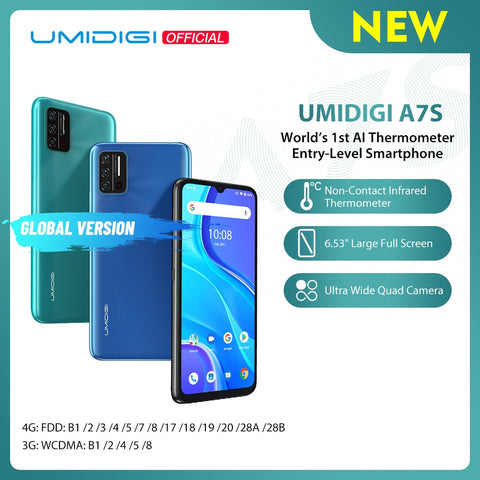 Image of In-Stock UMIDIGI A7S Smart Phone 6.53" Screen 32GB 4150mAh Triple Camera Global Version Cellphone Infrared Temperature Sensor