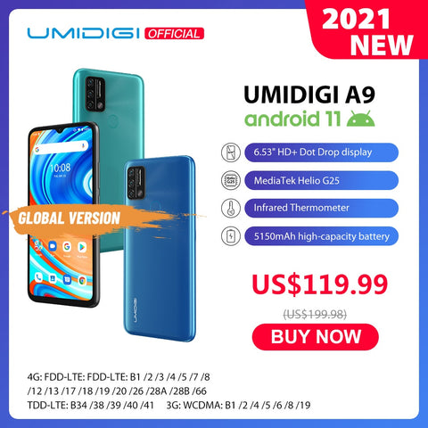 Image of In Stock UMIDIGI A9 Smart Phone Android 11 Global Version 13MP AI Triple Camera Helio G25 Octa Core 6.53" HD+ 5150mAh Cellphone